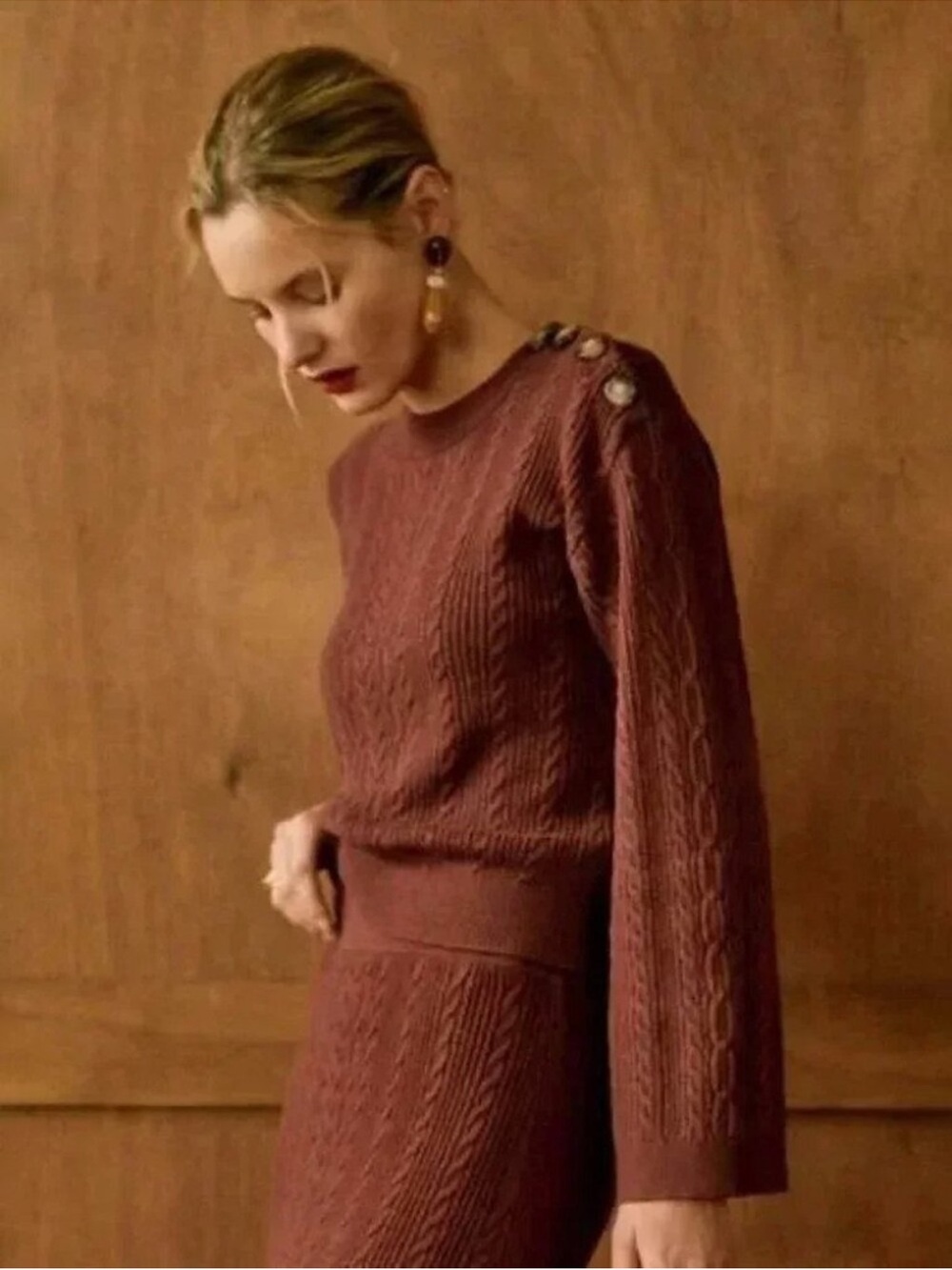 Sezane Camilla Sweater Cable Knit Merino Wool Brown M